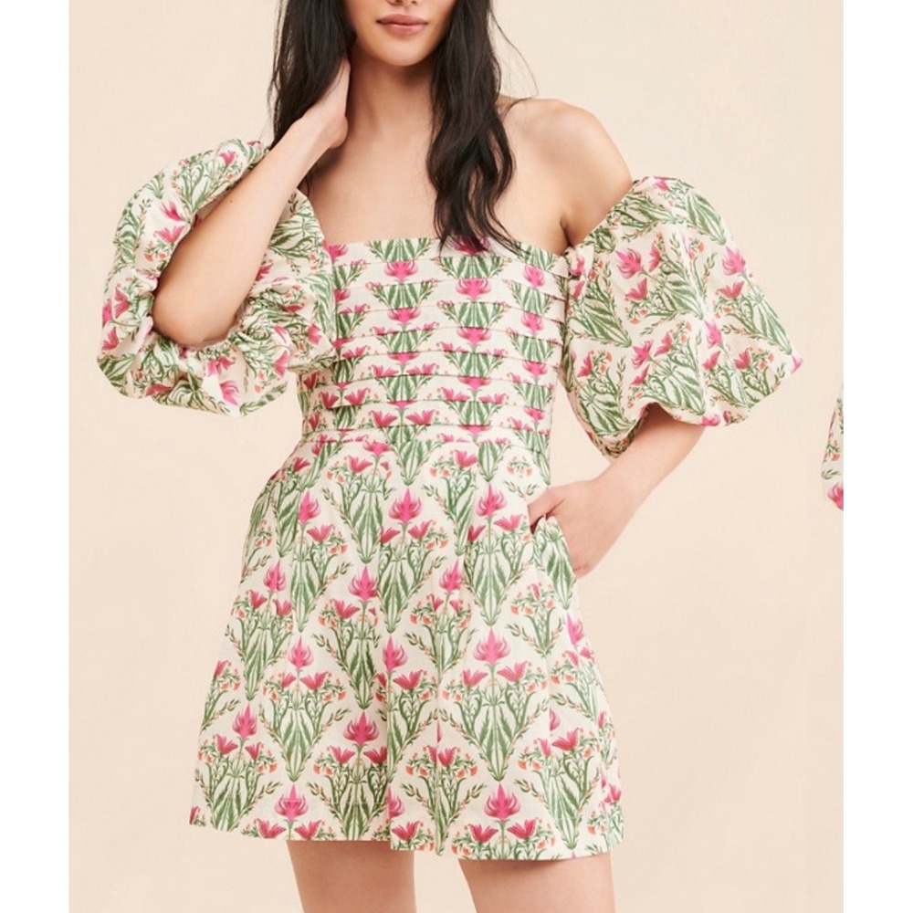 Especia Off Shoulder Puff Sleeve Floral Romper Pink Green Large